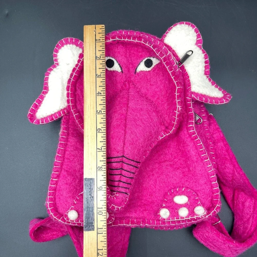 Handmade Pink Boiled Wool Elephant Backpack Kids Novelty Felt Animal Bag 10in
